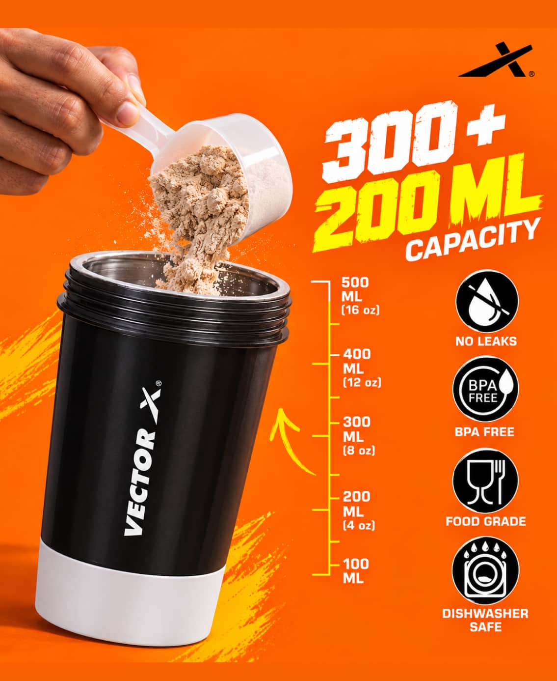 Vector X Thunder Stainless Steel Gym Shaker - 500ML