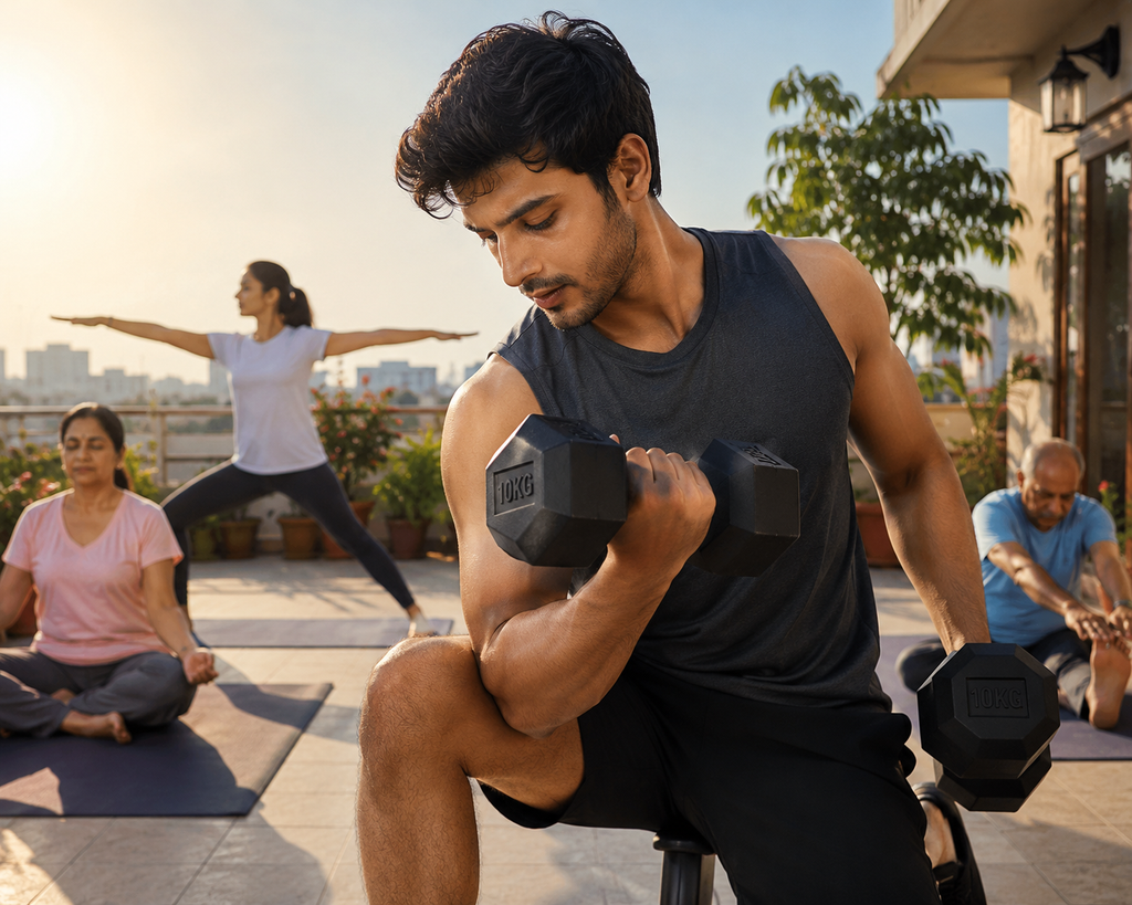 Hexa Rubber Coated Dumbbells with Chrome Handle (Pair of 2) | 2.5KG–15KG