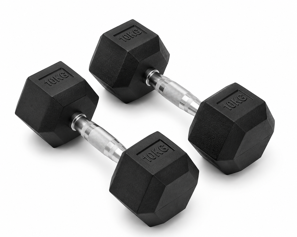 Hexa Rubber Coated Dumbbells with Chrome Handle (Pair of 2) | 2.5KG–15KG